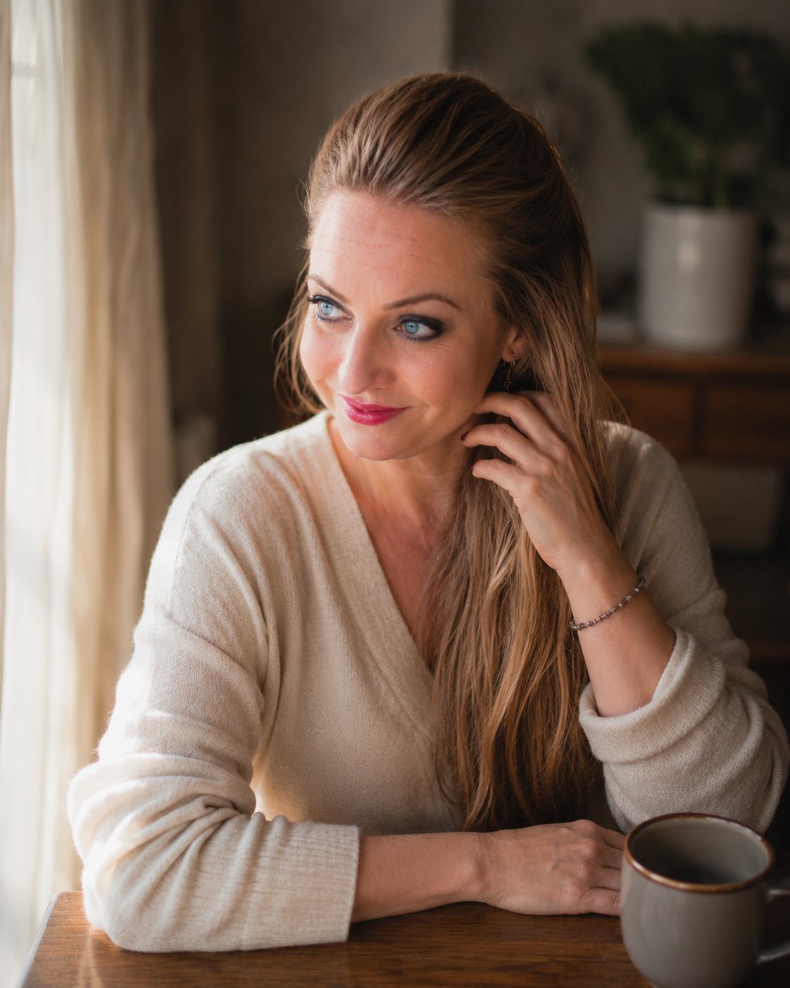 Vrouw in het ochtendlicht bij een raam